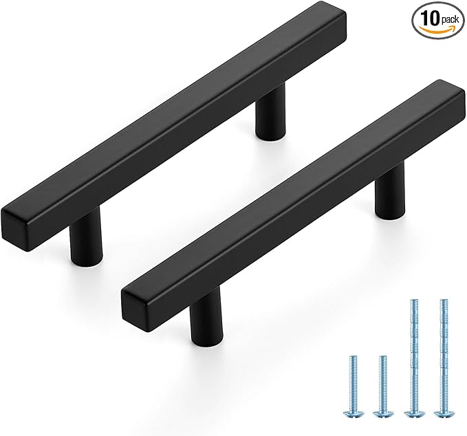JOY DECOR 10 Pack 3-1/2 Inch Matte Black Square Cabinet Handles Stainless Steel Cabinet Hardware Pulls for Kitchen and Drawers with 6 Inch Overall Length