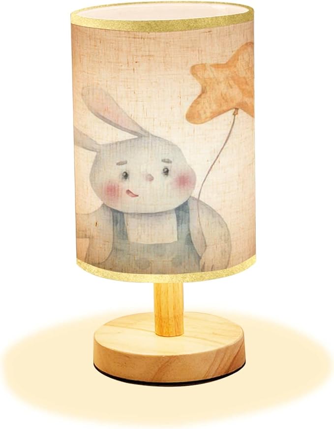 Minimalist Bedside Table Lamp cute childrens bunny holding colored holiday balls in hands holiday Wood Nightstand Lamp Bedside Desk Lamp Wood Base Flaxen Fabric Shade for Bedroom Living Room