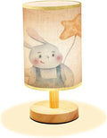Minimalist Bedside Table Lamp cute childrens bunny holding colored holiday balls in hands holiday Wood Nightstand Lamp Bedside Desk Lamp Wood Base Flaxen Fabric Shade for Bedroom Living Room