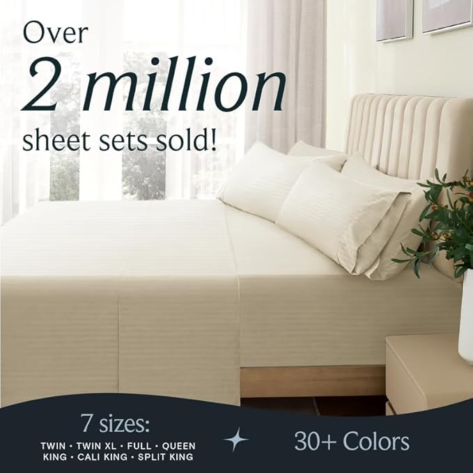 LuxClub Striped Sheets, 3 PC Striped Bed Sheets Twin Size, Deep Pockets 18" Eco Friendly Wrinkle Free-Kids-Fitted Sheets Machine Washable Hotel Bedding (Twin, Cream)