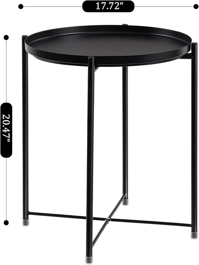 HollyHOME Round Metal Side Table, Outdoor Small Folding Accent Stand with Removable Tray, 17.72'' Portable End Table for Balconies, Gardens, Living Rooms and Bedrooms, Black
