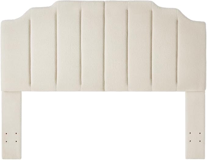 24KF Cream Teddy Fabric Tufted for Queen Upholstered Headboard, Modern Vertical Channel Design Full Headboard with Stepped Silhouette Top Edge, 6026-Q-Teddy Cream