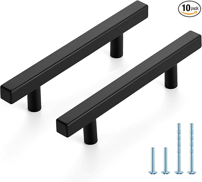 JOY DECOR 10 Pack 3-3/4 Inch Matte Black Square Cabinet Handles Stainless Steel Cabinet Hardware Pulls for Kitchen and Drawers with 6 Inch Overall Length