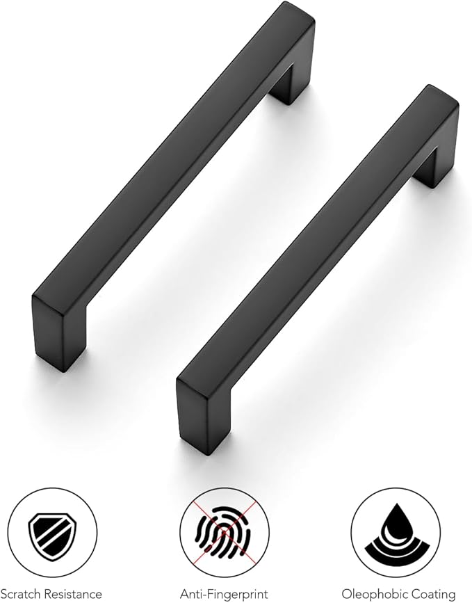 Ravinte 10 Pack Black Solid Kitchen Cabinet Handles Matte Black Cabinet Pulls Slim Drawer Pulls with 3-1/2 Inch Hole Center Square Bar Kitchen Cabinet Hardware