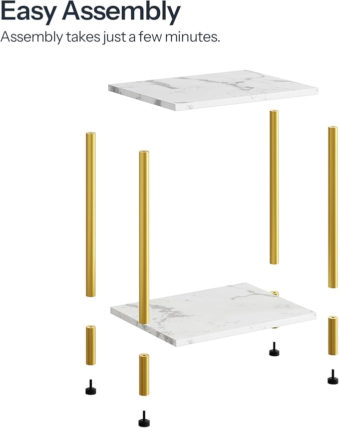 HOOBRO End Table, Small Side Table, Nightstand with 2-Layer Storage Shelves, Sofa Table for Small Spaces, Living Room, Bedroom, Stable Frame, Easy Assembly, Gold and Marble DM09BZ01