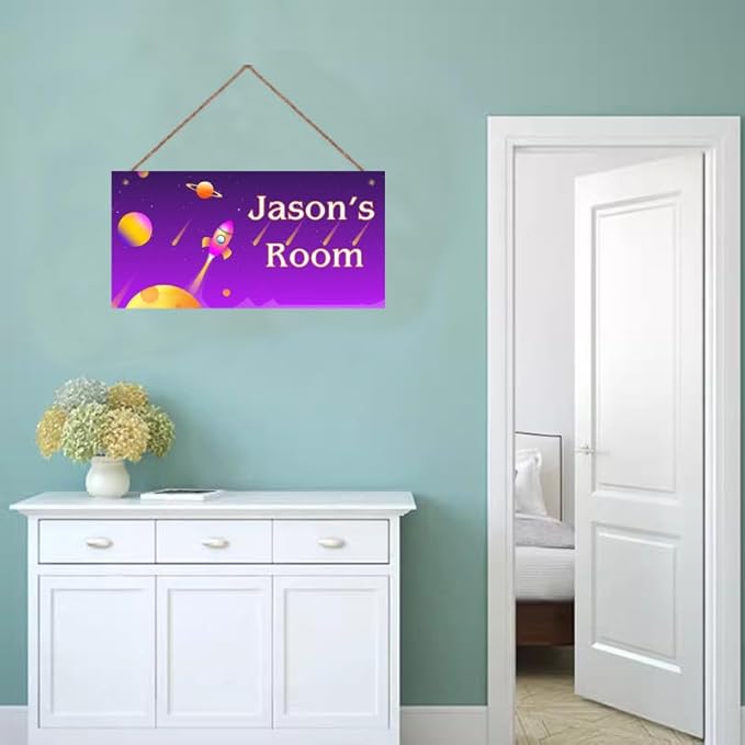 Personalized Sign Outer Space Theme Wall Art Decor For Kids Room Custom Name Universe Star Door Décor For Little Man Cave, Rocket Nursery Art Plate For Boys Room Girls Bedroom