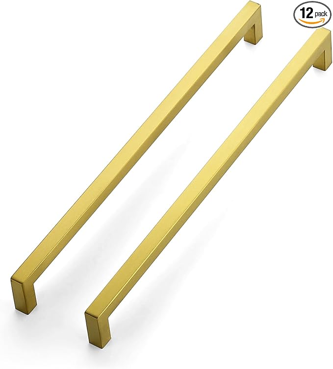JOY DECOR 12 Pack Cabinet Handles, Gold Cabinet Pulls, 12-3/5 Inch Kitchen Closet Handles Square Drawer Pulls Stainless Steel Drawer Hardware, 320mm Hole Centers