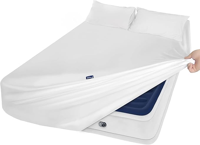 Moonsea Extra Deep Pocket Air Mattress White Sheets Twin Size - 3Pcs Side Storage Pocket Fitted Sheet & Pillowcase Twin Deep Pocket Sheet Sets Easily Fits for Kids 16in to 24in Pillow Top Air Bed