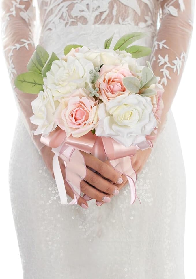 Artificial Rose Wedding Bouquets - Ribbon Decor for Bride & Bridesmaid
