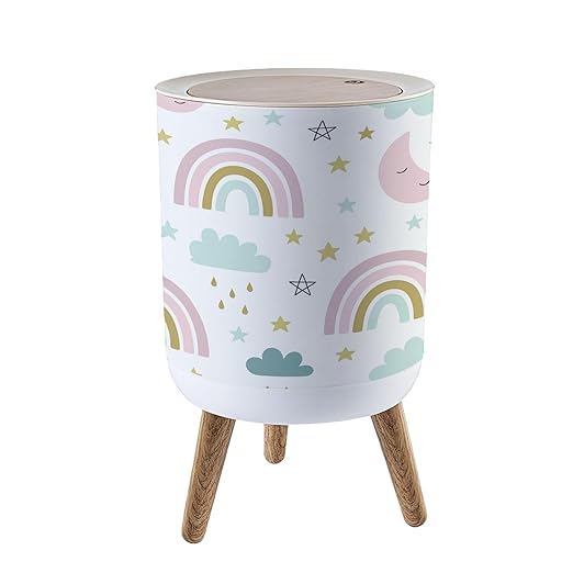 Small Trash Can with Lid Seamless Cute for Kids Children Rainbow Clouds Moon Stars Scandinavian Garbage Bin Pet Proof Waste Basket for Kitchen Bathroom Office Bedroom Decorative 1.8 Gallon