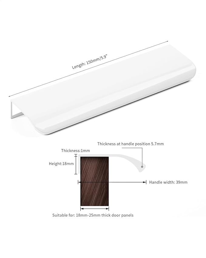 5 Pack 6 inch self Adhesive Cabinet Handles Adhesive Cabinet pulls Drawer Edge pulls Bright White Stick on Handles for Cabinet Finger pulls for Concealed Drawer Seam Flat