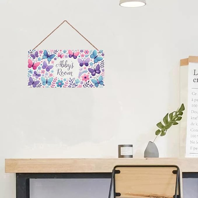 Personalized Sign Butterfly and Flowers Rerto Sign Wall Art Decor For Kids Room Custom Name Door Décor For Little Man Cave Girls Bedroom Home Kitchen Garden Yard