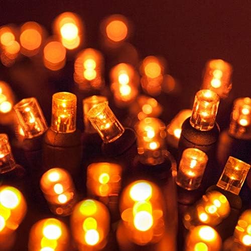 5mm LED Wide Angle Amber Prelamped Light Set, Green Wire - 70 5mm Amber LED Christmas Lights, 4" Spacing