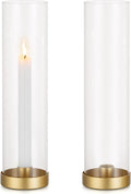Romadedi Candlestick Candle Holders Hurricane Glass - 12 Inch Clear Gold Taper Candle Holders for Table Centerpiece Wedding Party Birthday Christmas Decor Home Decorations, Set of 2