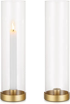 Romadedi Candlestick Candle Holders Hurricane Glass - 12 Inch Clear Gold Taper Candle Holders for Table Centerpiece Wedding Party Birthday Christmas Decor Home Decorations, Set of 2