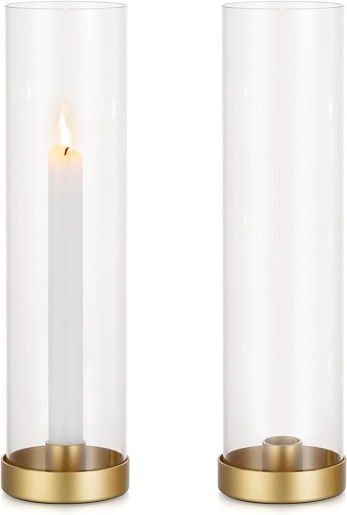 Romadedi Candlestick Candle Holders Hurricane Glass - 12 Inch Clear Gold Taper Candle Holders for Table Centerpiece Wedding Party Birthday Christmas Decor Home Decorations, Set of 2