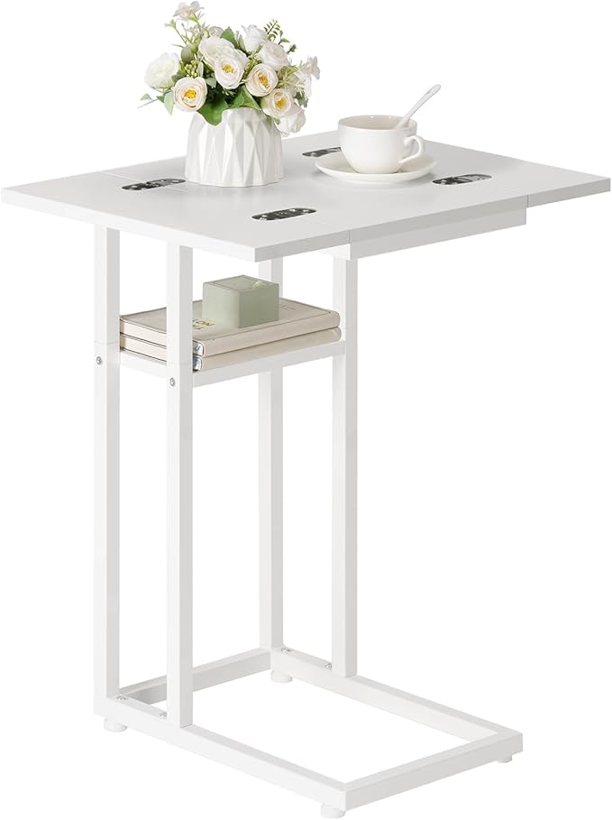 HOOBRO Foldable End Table, C Shaped Side Table with Storage Shelf, Small Snack Table Suitable for Living Room Bedroom Small Spaces, Easy Assembly, White WW29SF01