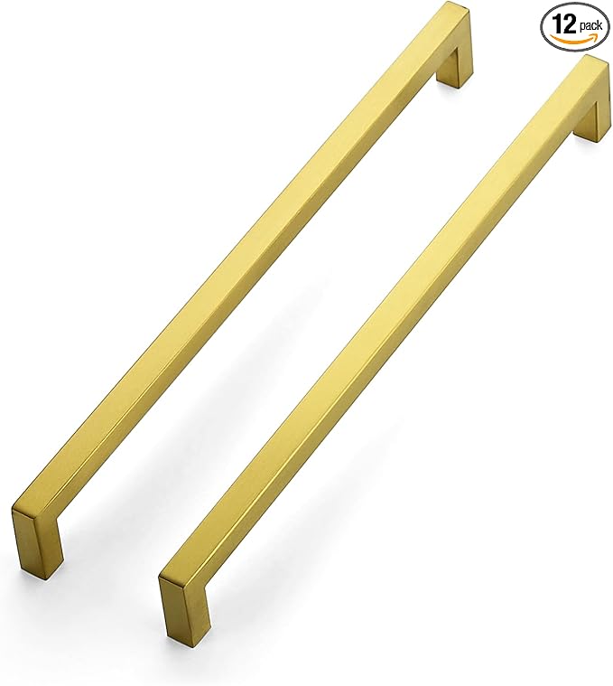 JOY DECOR 12 Pack Cabinet Handles, Gold Cabinet Pulls, 11-1/3 Inch Kitchen Closet Handles Square Drawer Pulls Stainless Steel Drawer Hardware, 288mm Hole Centers