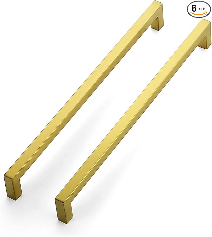 JOY DECOR 6 Pack Cabinet Handles, Gold Cabinet Pulls, 11-1/3 Inch Kitchen Closet Handles Square Drawer Pulls Stainless Steel Drawer Hardware, 288mm Hole Centers