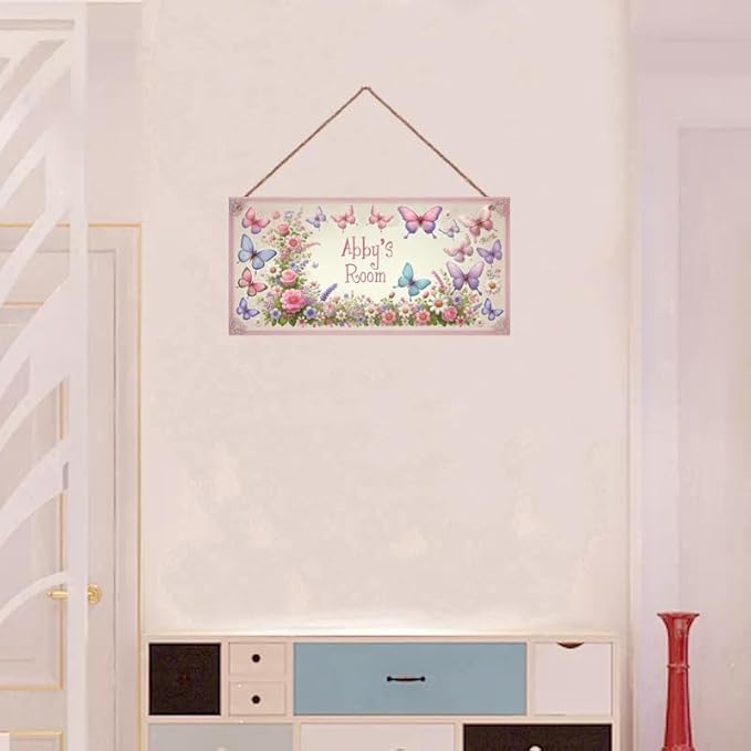 Personalized Sign Butterfly Wooden Sign For Kids Room Boys Bedroom Door Decor,Custom Name Flowers Wall Art Decor Decorative Plate for Nursery Little Man Cave