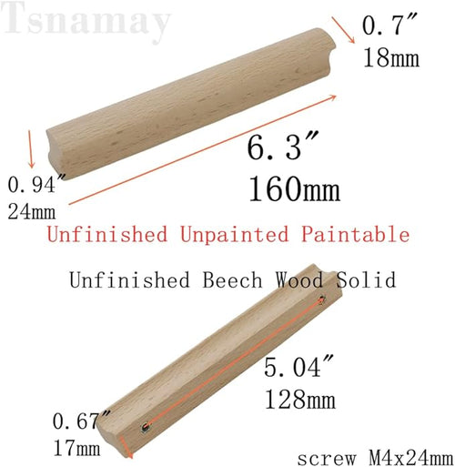 6Pcs Unfinished Beech Wood Solid Furniture Pulls Handles,Unfinished Unpainted Paintable Wooden Handles Cupboard Closet Drawer Handle Pull,Length 6.3",Hole Dis.5.04"
