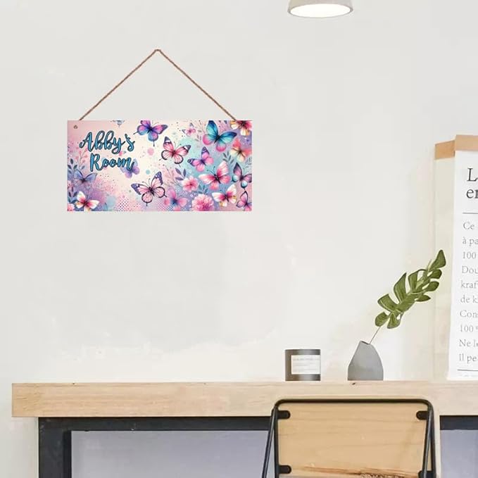 Personalized Name's Pretty Colorful Butterflies Nursery Kid's Children's Girls Bedroom Door Sign Wood Plaque Sign Butterfly Wall Decor Wall Art Decor Decorative Plate