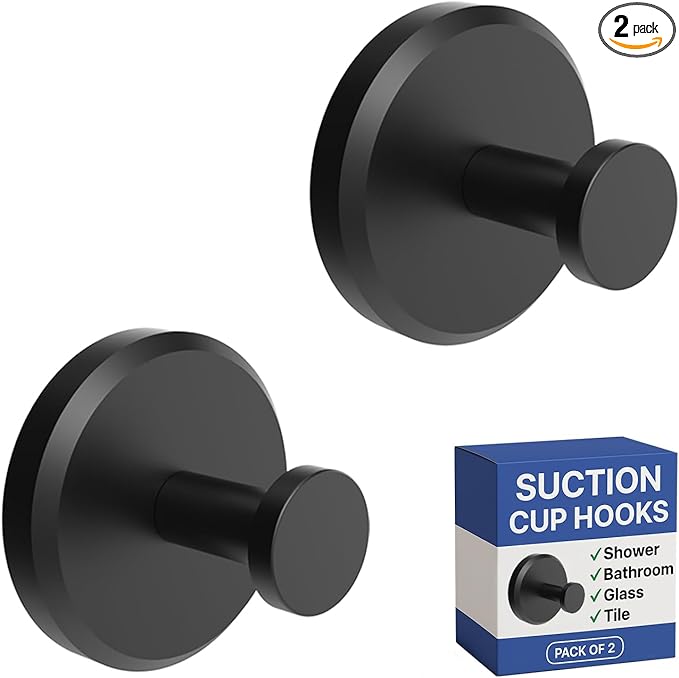 HOME SO Suction Cup Hooks for Shower, Bathroom, Kitchen, Glass Door, Mirror, Tile – Loofah, Towel, Coat, Bath Robe Hook Holder for Hanging up to 15 lbs – Waterproof & Rustproof, Matte Black (2-Pack)