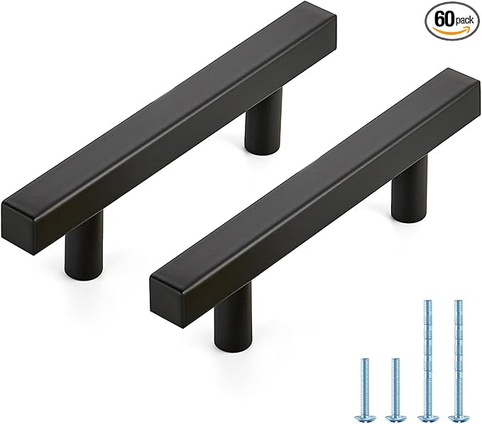 JOY DECOR 60 Pack 3 Inch Matte Black Square Cabinet Handles Stainless Steel Cabinet Hardware Pulls for Kitchen and Drawers with 5 Inch Overall Length