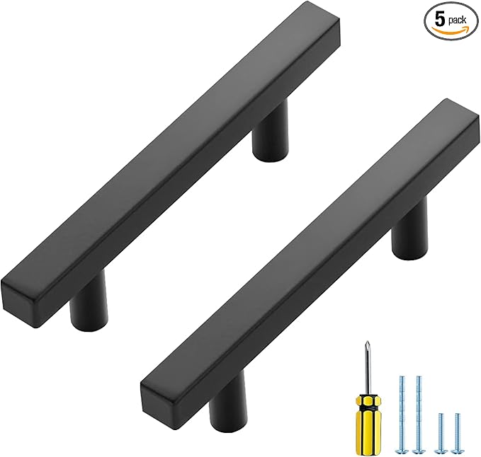 Ravinte 5 Pack Matte Black Cabinet Pulls - Slim 3 Inch Hole Center Drawer Handles - Square Kitchen Hardware for Cabinets and Cupboards
