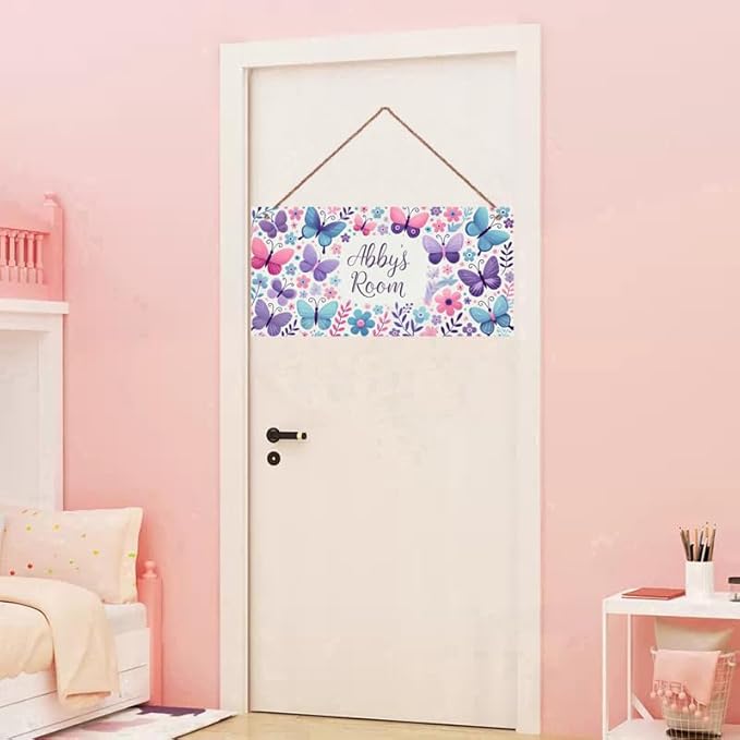 Personalized Sign Butterfly and Flowers Rerto Sign Wall Art Decor For Kids Room Custom Name Door Décor For Little Man Cave Girls Bedroom Home Kitchen Garden Yard