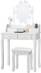 Giantex Makeup Vanity Table with 10 LED Lights, Adjustable Brightness, 3 Color Light Modes, 4 Drawers, Rotatable Mirror, Cushioned Stool, Vanity Desk Dressing Table Bedroom Furniture (White)
