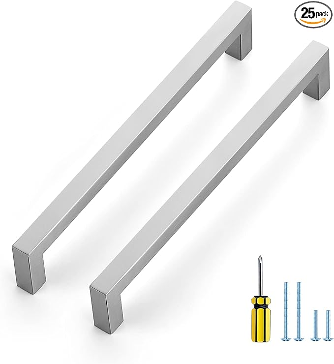 Ravinte 25 Pack Stainless Steel 8 Inch Cabinet Pulls Brushed Nickel Kitchen Cabinet Handles Square Kitchen Hardware for Cabinet Come with Screwdriver