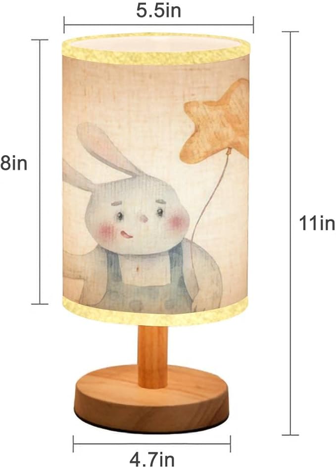 Minimalist Bedside Table Lamp cute childrens bunny holding colored holiday balls in hands holiday Wood Nightstand Lamp Bedside Desk Lamp Wood Base Flaxen Fabric Shade for Bedroom Living Room