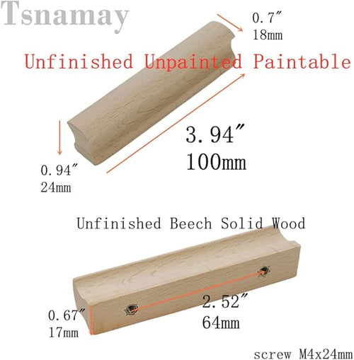 6Pcs Unfinished Beech Wood Solid Furniture Pulls Handles,Unfinished Unpainted Paintable Wooden Handles Cupboard Closet Drawer Handle Pull,Length 3.94",Hole Dis.2.52"