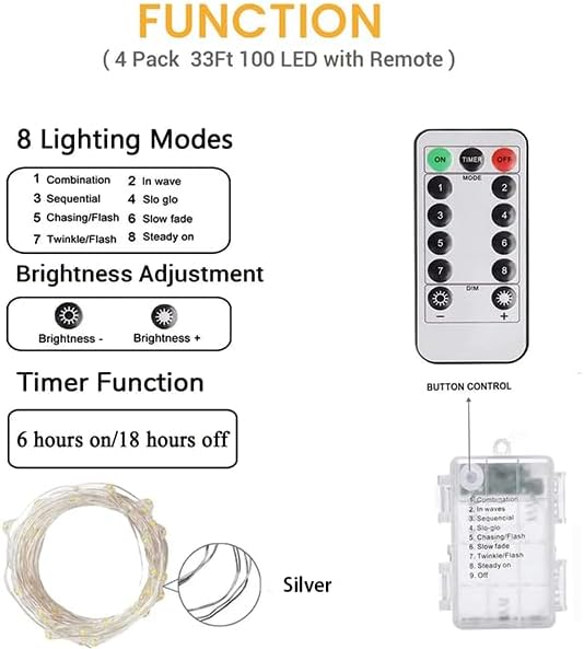 4 Pack 100 LED Fairy Lights Battery Operated with Remote, 33FT Waterproof Twinkle Lights with Timer & 8 Modes, Fairy String Light Outdoor Indoor for Bedroom Classroom DIY Christmas Decor (Multicolor)