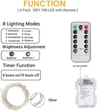 4 Pack 100 LED Fairy Lights Battery Operated with Remote, 33FT Waterproof Twinkle Lights with Timer & 8 Modes, Fairy String Lights Outdoor Indoor for Bedroom St Patrick's Day Decor (Green)