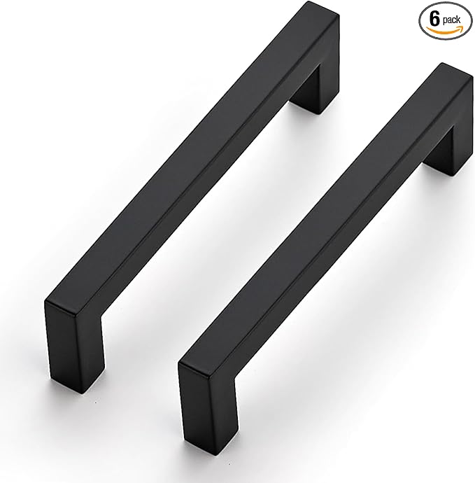 JOY DECOR 6 Pack Cabinet Handles, Black Cabinet Pulls, 5 Inch Kitchen Closet Handles Square Drawer Pulls Stainless Steel Drawer Hardware, 128mm Hole Centers