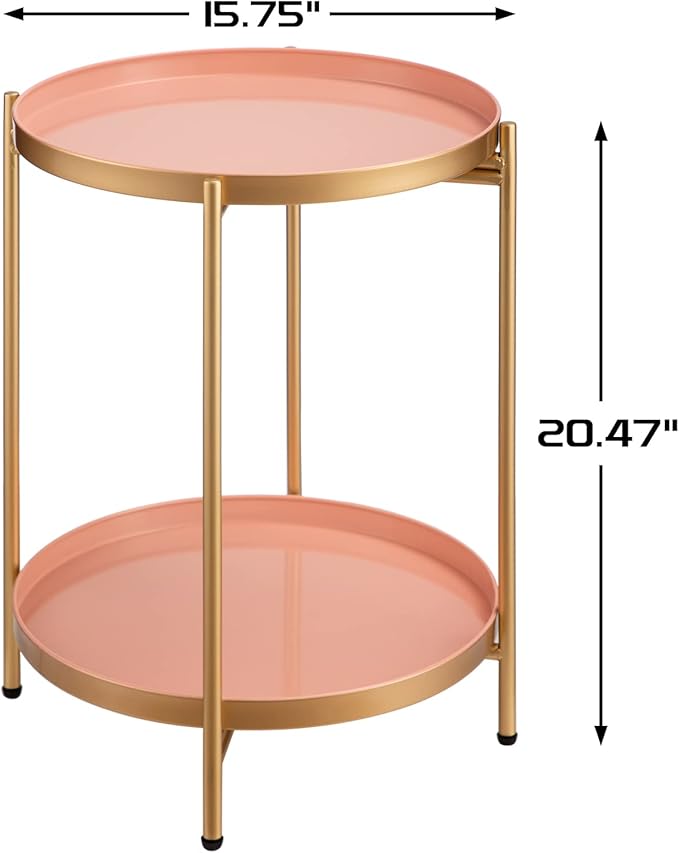 HollyHOME 2-Tier Round Gold Side Table, Outdoor Small Folding Accent Stand with Removable Tray, Anti-Rust Metal Asional Table for Balcony Patio Living Room, Nightstand for Bedroom(Gold&Pink)