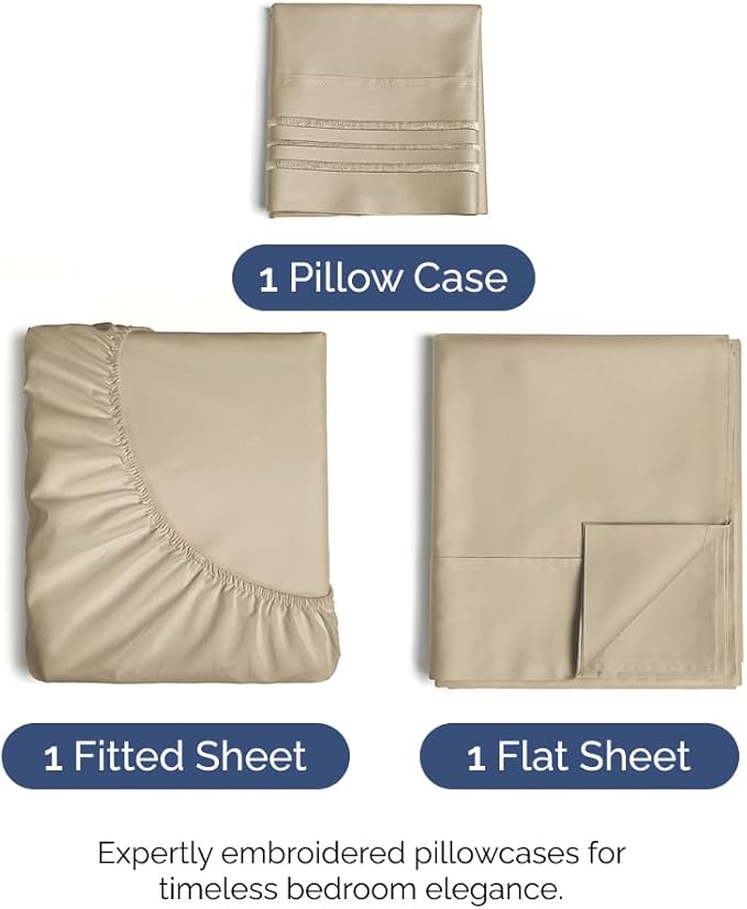Twin Size 3 Piece Sheet Set - Comfy Breathable & Cooling Bed Sheets Set - Hotel Luxury Bedding for Women, Men, Kids, Teens, Boys & Girls - Deep Pockets, Ultra-Soft and Wrinkle Free - Oeko-Tex - Beige