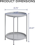 HollyHOME 2-Tier Round Side Table, Outdoor Small Folding Accent Stand with Removable Tray, Anti-Rust Metal Asional Table for Balcony Patio Living Room, Nightstand for Bedroom(Grey)
