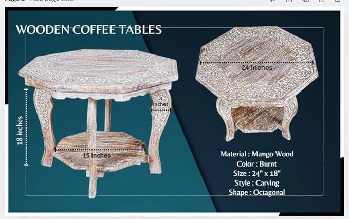 Hand Carved Wooden Octagon Coffee Table, 24"x24"x18" White wash Farmhouse Accent End Table, Rustic Foldable Side Table Nightstand for Bedroom, Dining Room & Living Room