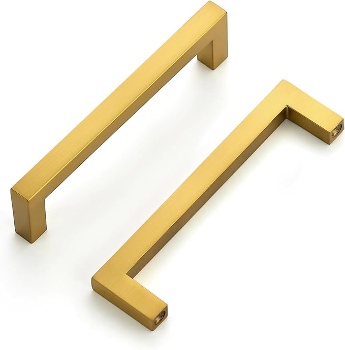 Ravinte 10 Pack Solid Gold Kitchen Cabinet Handles Slim Drawer Pulls with 3-3/4 Inch Hole Center Square Bar Cupboard Hardware