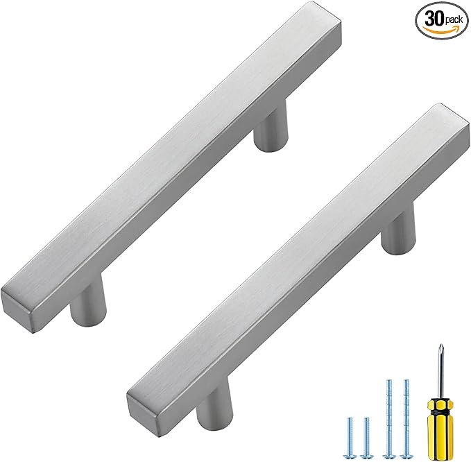 Ravinte 30 Pack Cabinet Handles 3 Inch Brushed Nickel Cabinet Pulls Square Hardware for Kitchen Cabinets - 5 Inch Total Length