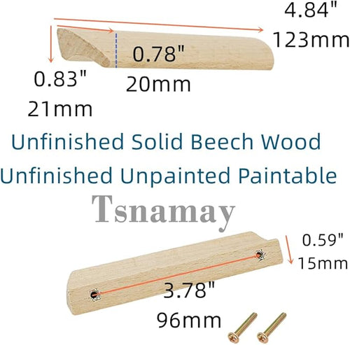6Pcs Unfinished Wood Solid Furniture Pulls Handles,Unfinished Unpainted Paintable Wooden Handles Cupboard Closet Drawer Handle Pull,Length 4.84",Hole Dis.3.78"