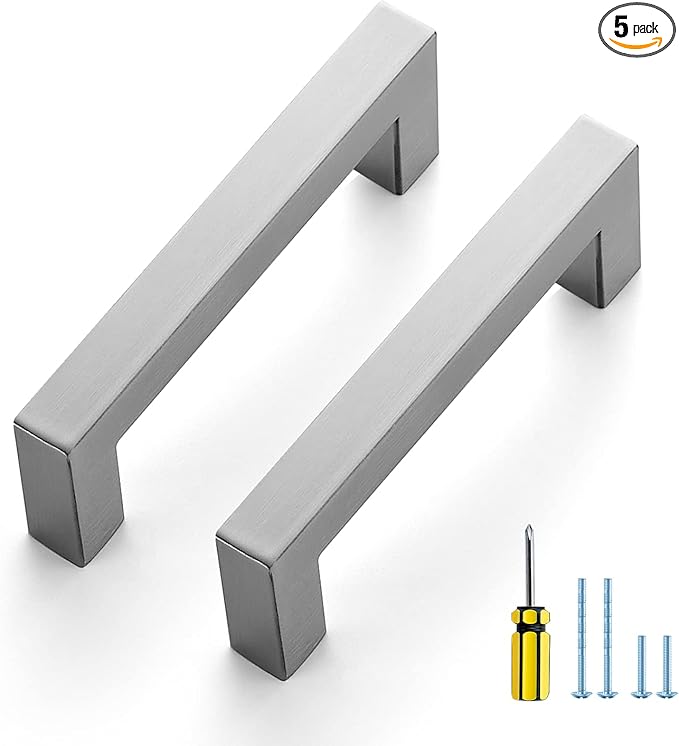 Ravinte 5 Pack Brushed Nickel Kitchen Cabinet Handles 3-1/2 Inch Cabinet Pulls Square Kitchen Hardware for Cabinet Drawer Pulls Drawer Handles Come with Screwdriver