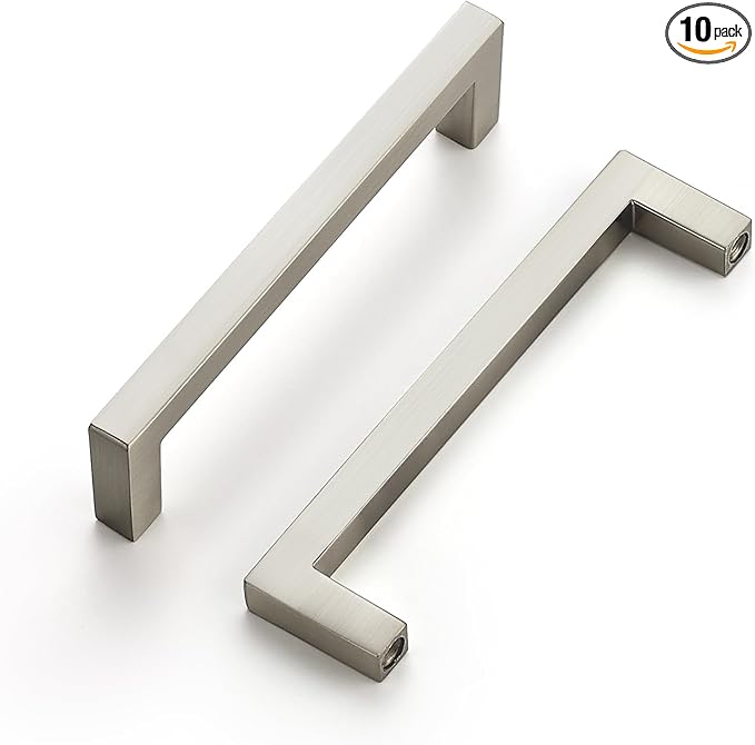 Ravinte 10 Pack Solid Kitchen Cabinet Handles Brushed Nickel Slim Cabinet Pulls Drawer Pulls with 4 Inch Hole Center Square Bar Kitchen Cabinet Hardware