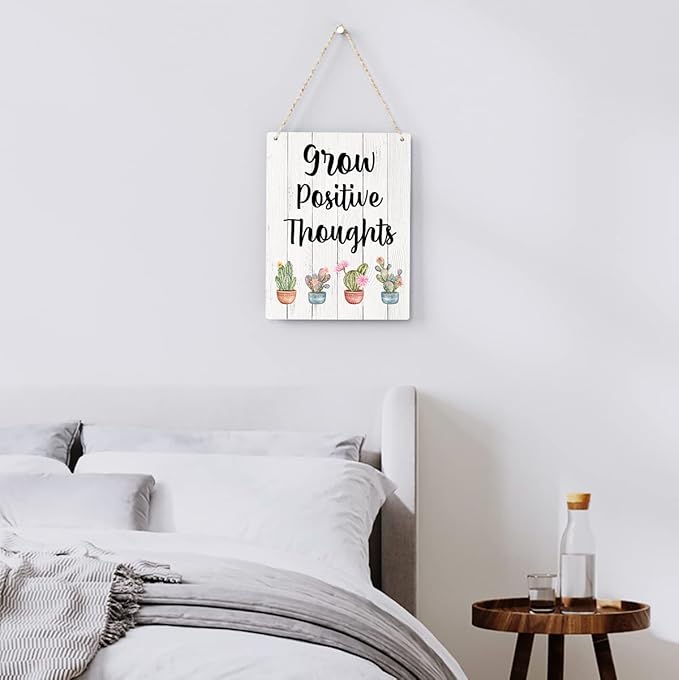 Rustic Grow Positive Thoughts Wood Hanging Sign, Farmhouse Summer Artwork Decor, Cactus and Succulent Wooden Plaque Sign Wall Art Decor Signs Home Decoration 8 x 10 Inches