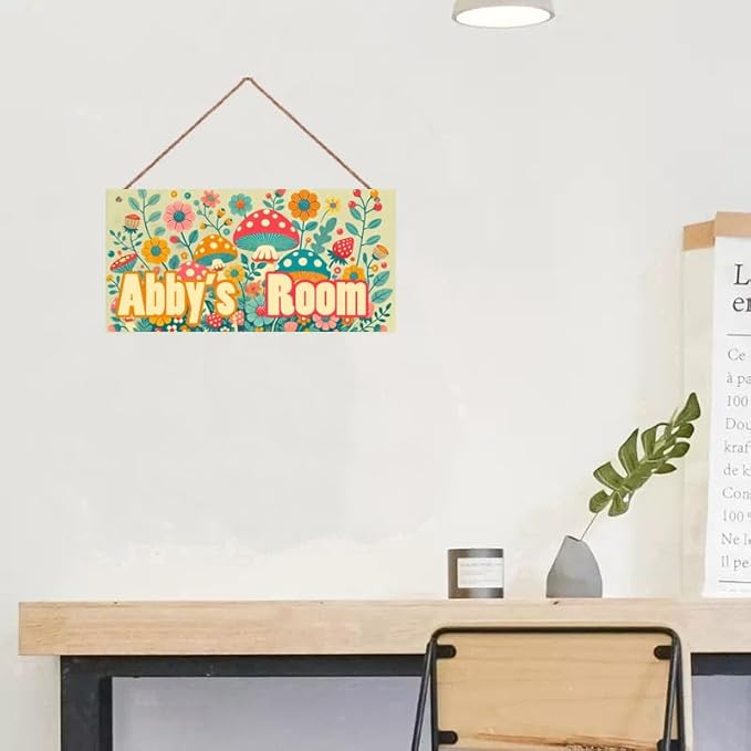 Personalized Sign Mushroom and Flowers Decor For Girls Bedroom Custom Door Sign Wood Plaque Sign Wall Decor For Kids Room