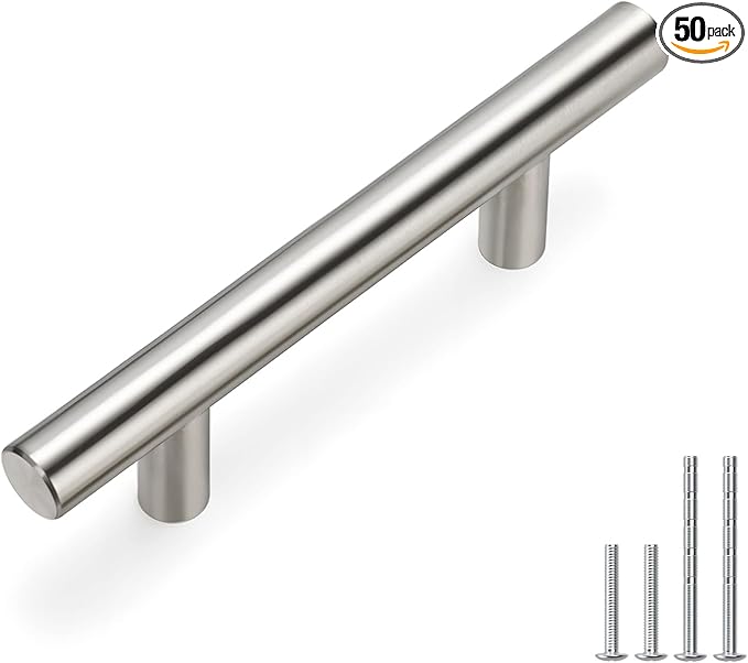 Homdiy 2-1/2 Inch Brushed Nickel Cabinet Handles - 50 Pack Kitchen Pulls, Square Hardware for Cabinets and Cupboards