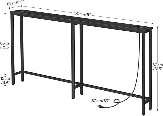 HOOBRO 63" Narrow Console Table with Charging Station, 5.9" Sofa Table with 2 Power Outlets and USB Ports, Long Entryway Tables Behind Couch Table, for Hallway, Livingroom, Black BB165UXG01